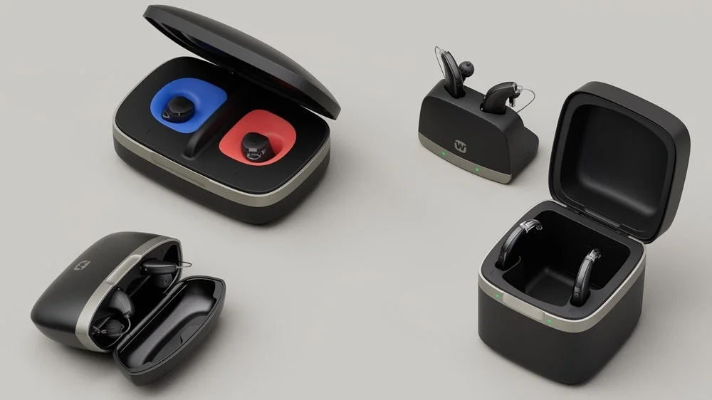 様々なタイプの補聴器と充電ケース