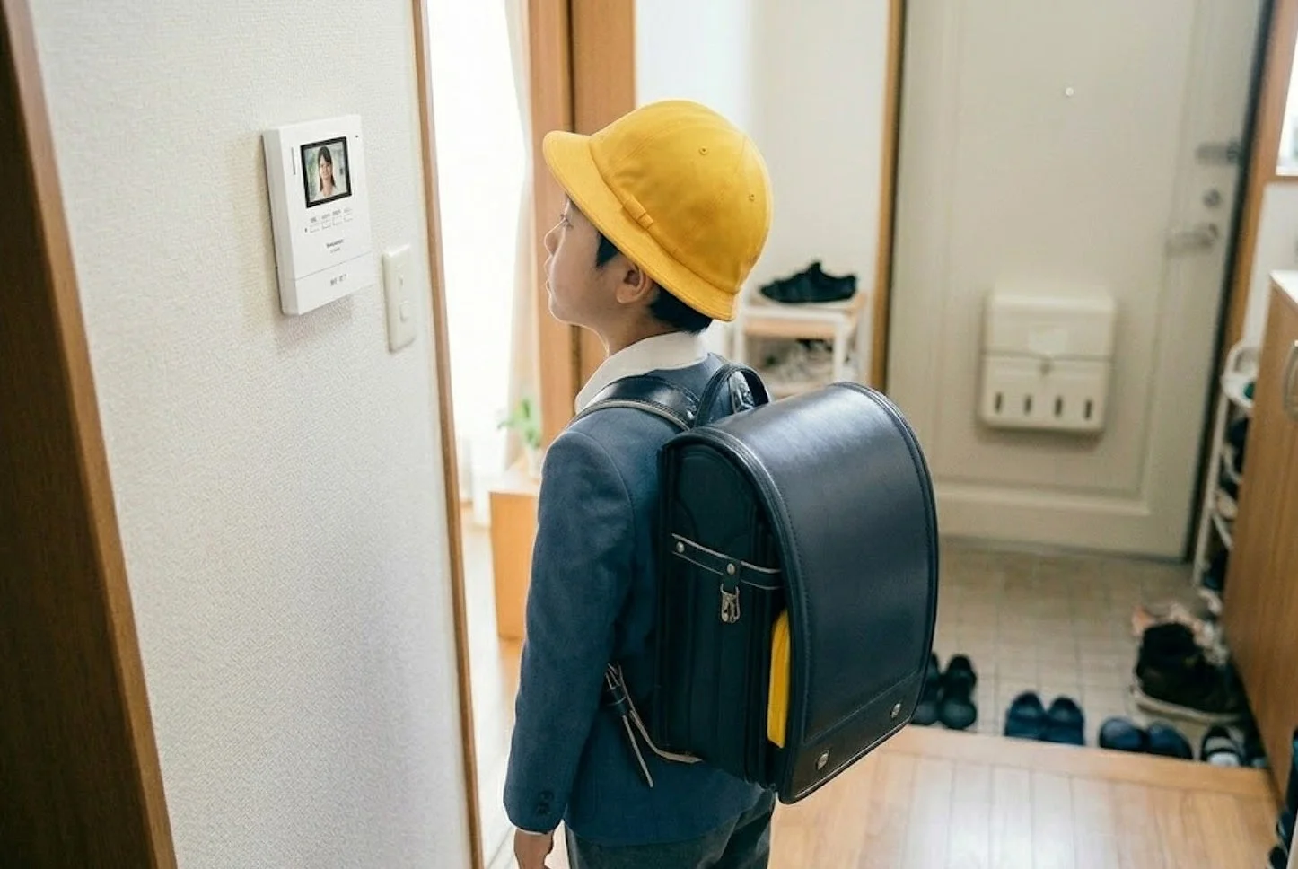 黄色の帽子とランドセルを背負った小学生の少年がインターホンを見上げる