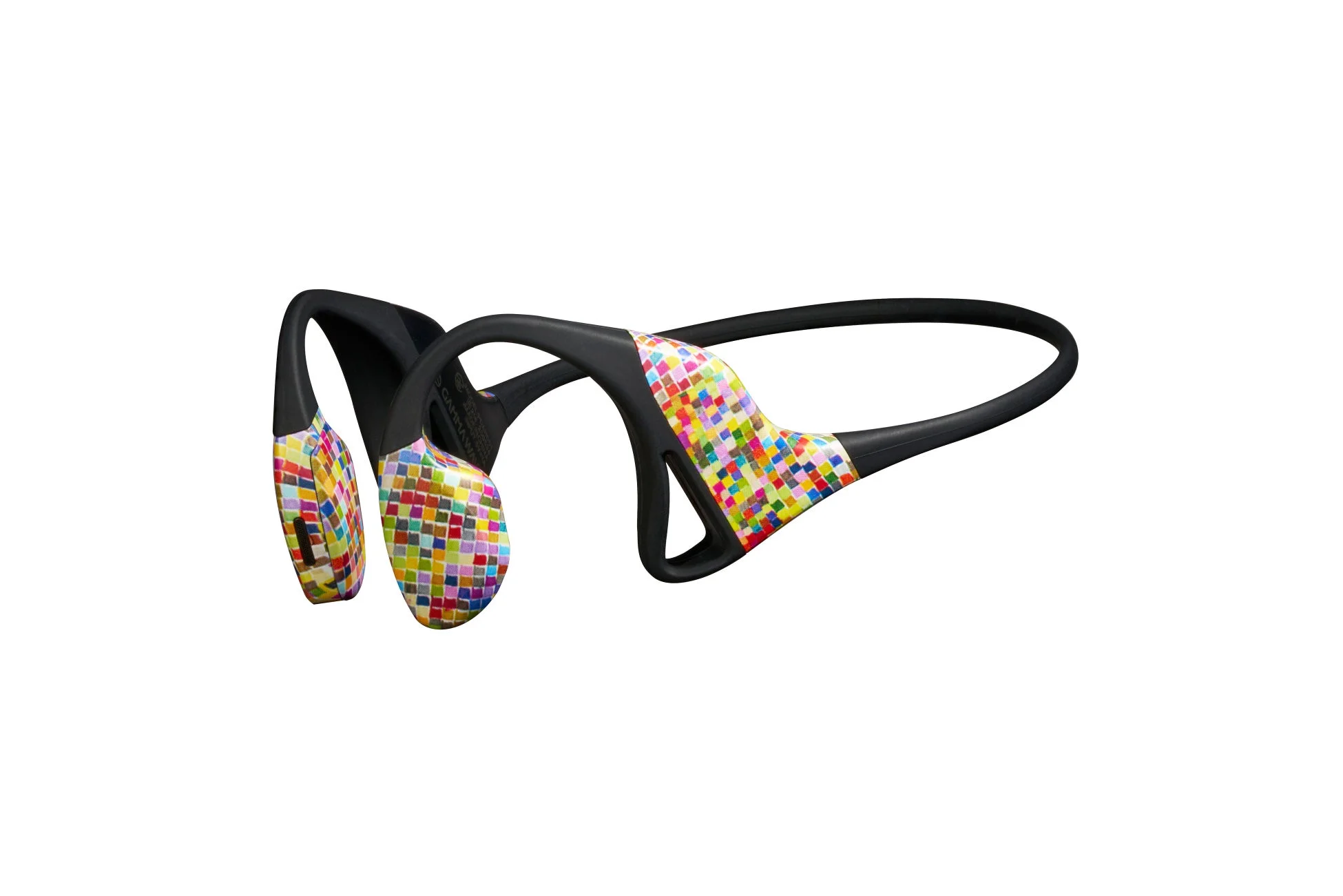 白い背景に、耳掛け式の黒いワイヤレスヘッドホンが映っています。