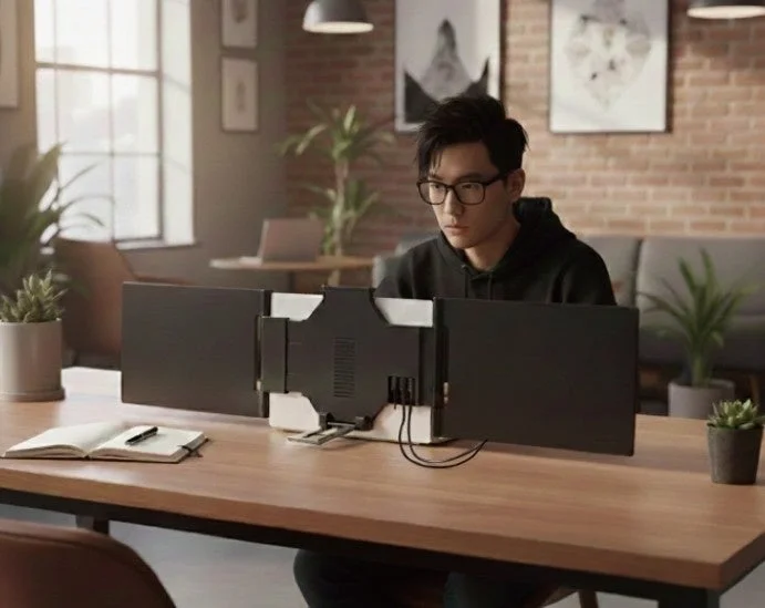 ノートパソコンに拡張ディスプレイを接続して作業する男性