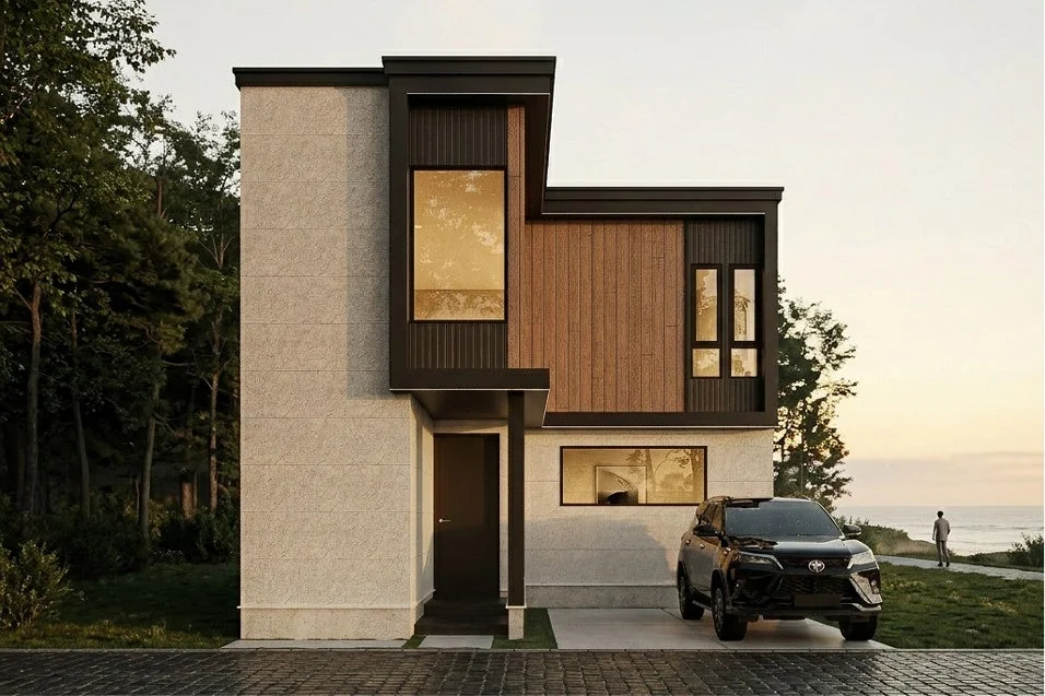 モダンなデザインの一軒家と黒いSUV