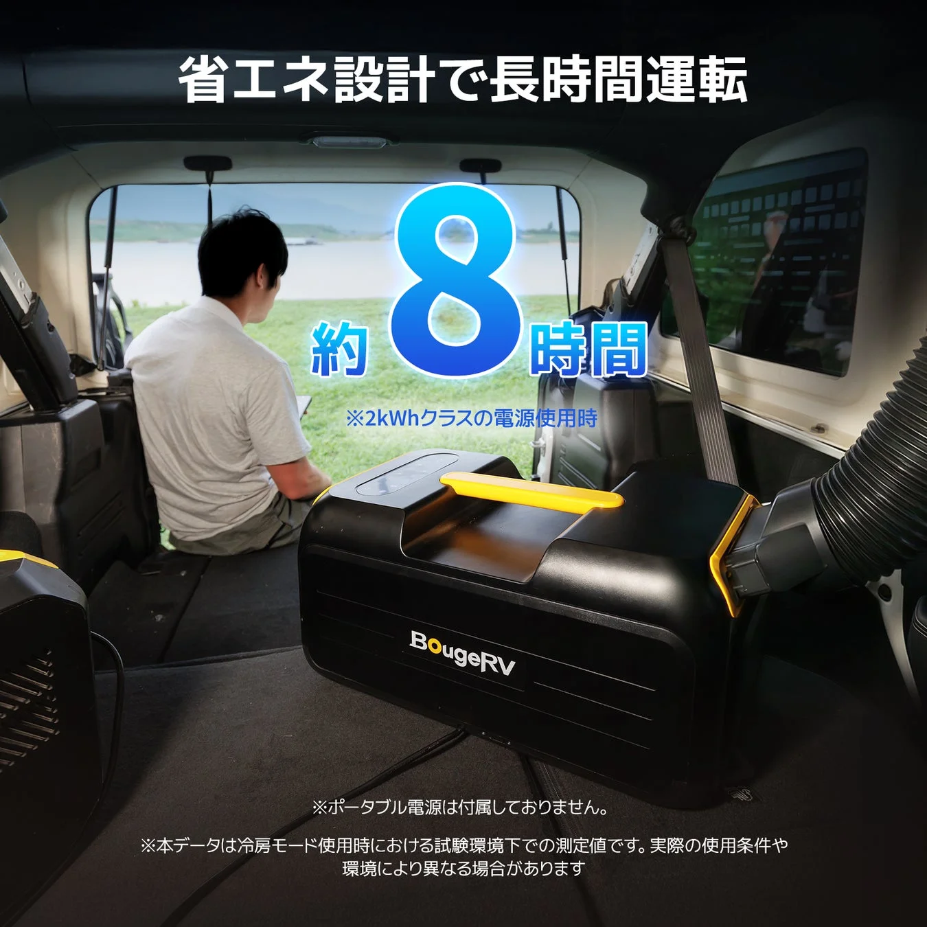 車内でポータブルエアコンを使用し、自然の中でくつろぐ様子。BougeRVの省エネ設計エアコンが約8時間稼働することを示し、車中泊やアウトドアでの快適性をアピールしています。