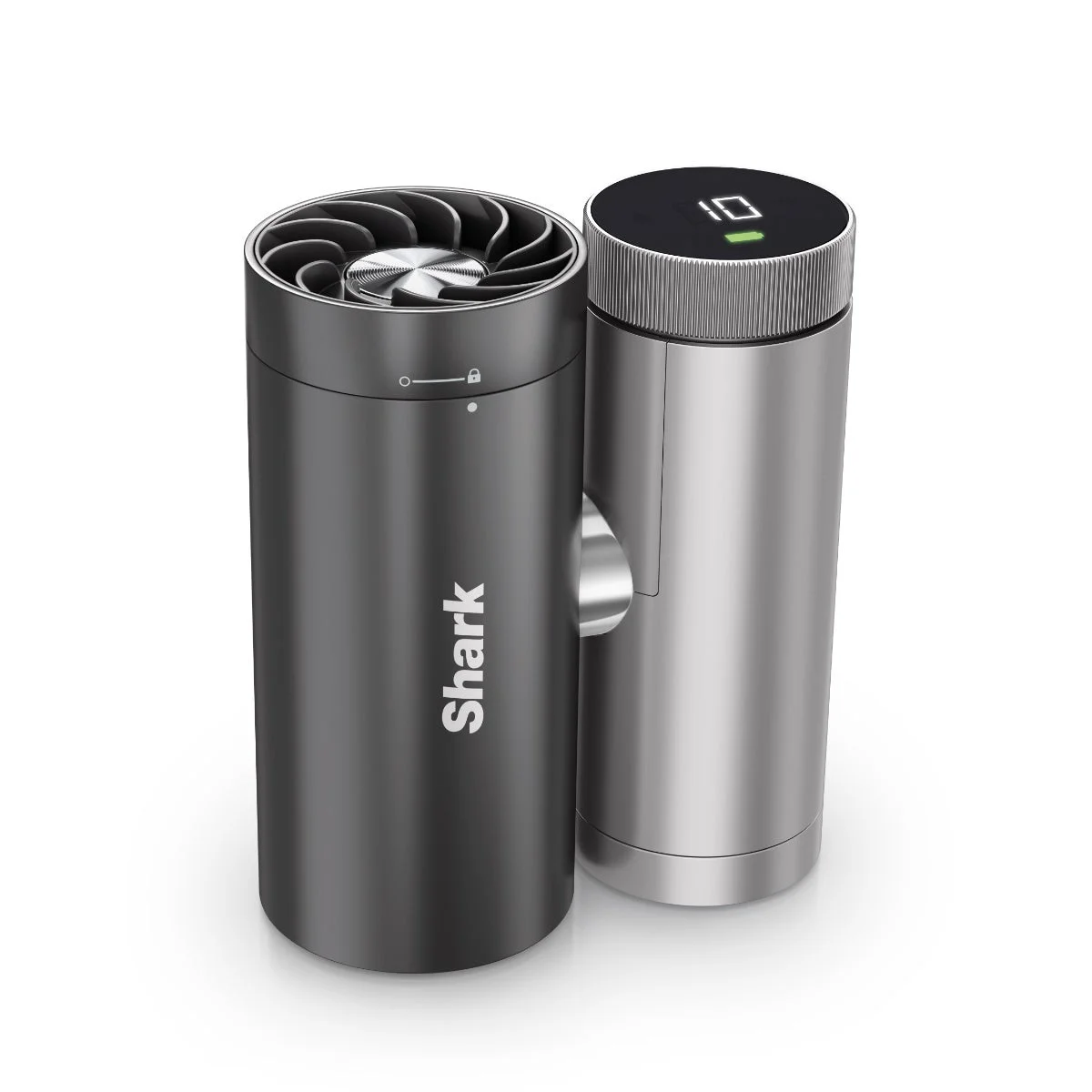 「Shark」ロゴが入ったダークグレーとシルバーの円筒形デバイス