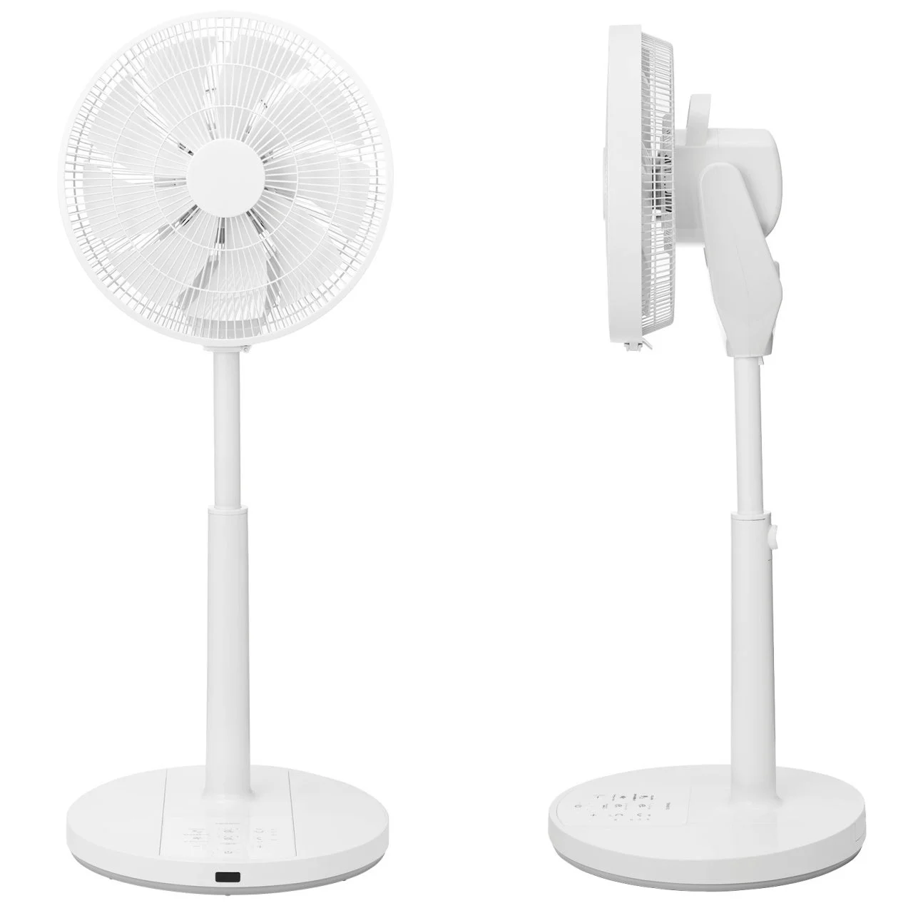 白いシンプルなデザインの扇風機が、正面と側面から撮影された商品画像です。モダンなリビングやオフィスに適した、機能的な家電製品です。
