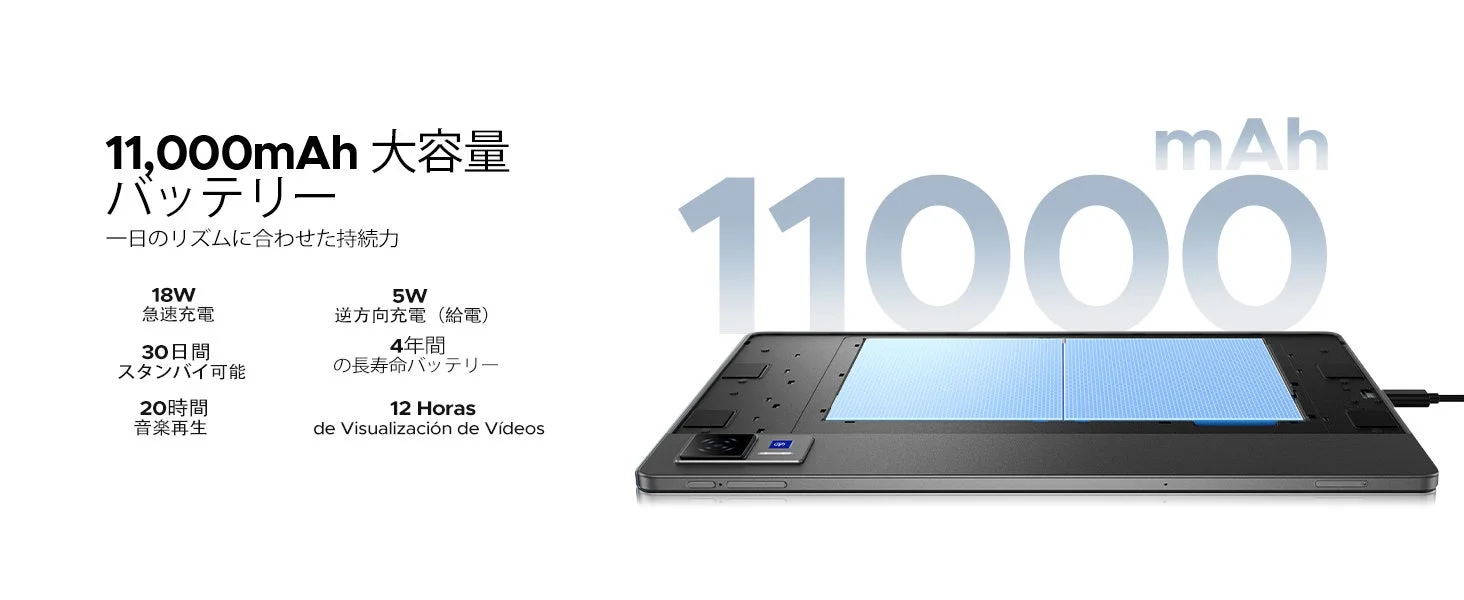 11000mAh大容量バッテリー