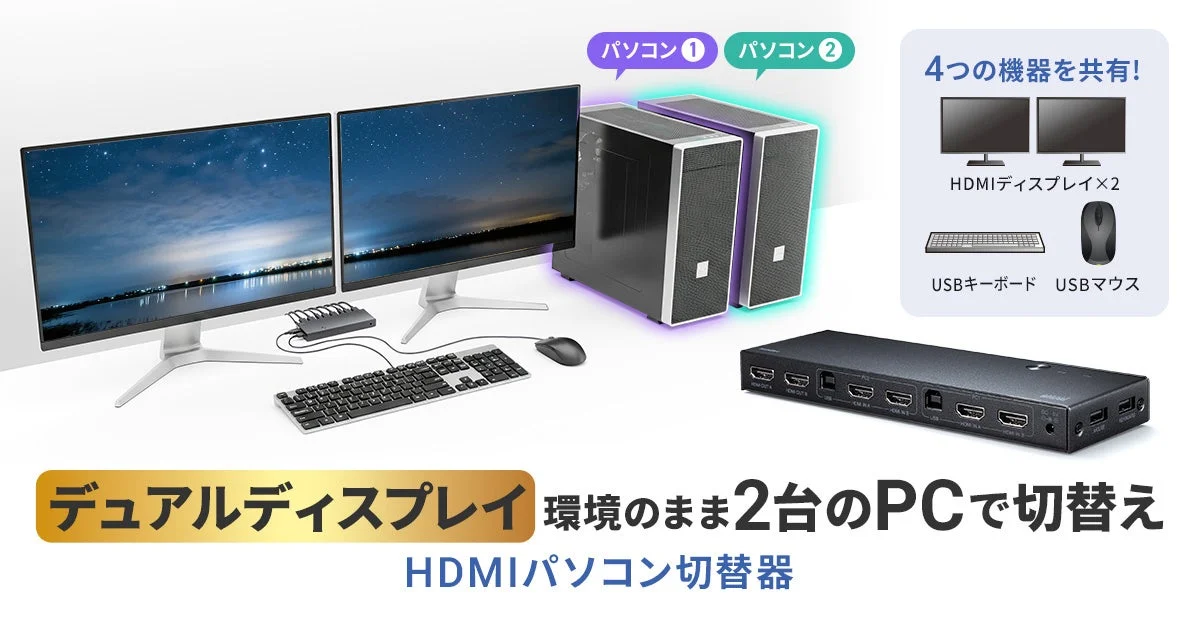 サンワサプライ、2台のPCでデュアルディスプレイを共有できる4K対応HDMIパソコン切替器「SW-KVM22HUUS」を新発売