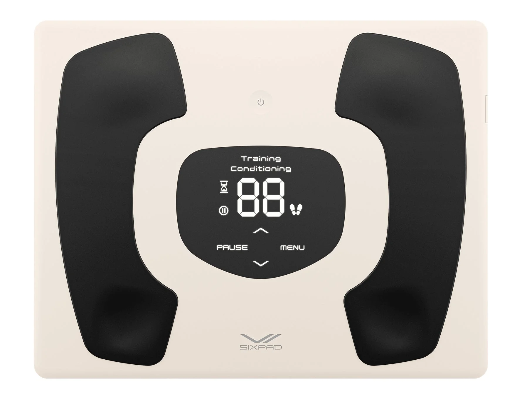 白と黒のコントラストが特徴的なSIXPADブランドのフットフィットネス機器です。中央にはデジタルディスプレイがあり、「Training」「Conditioning」「88」などの表示が見えます。PAUSEとMENUボタンがあり、EMSトレーニングやコンディショニングに使われる健康器具と考えられます。