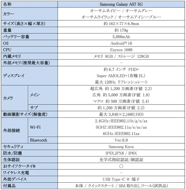 Samsung Galaxy A57 5G 主要スペック