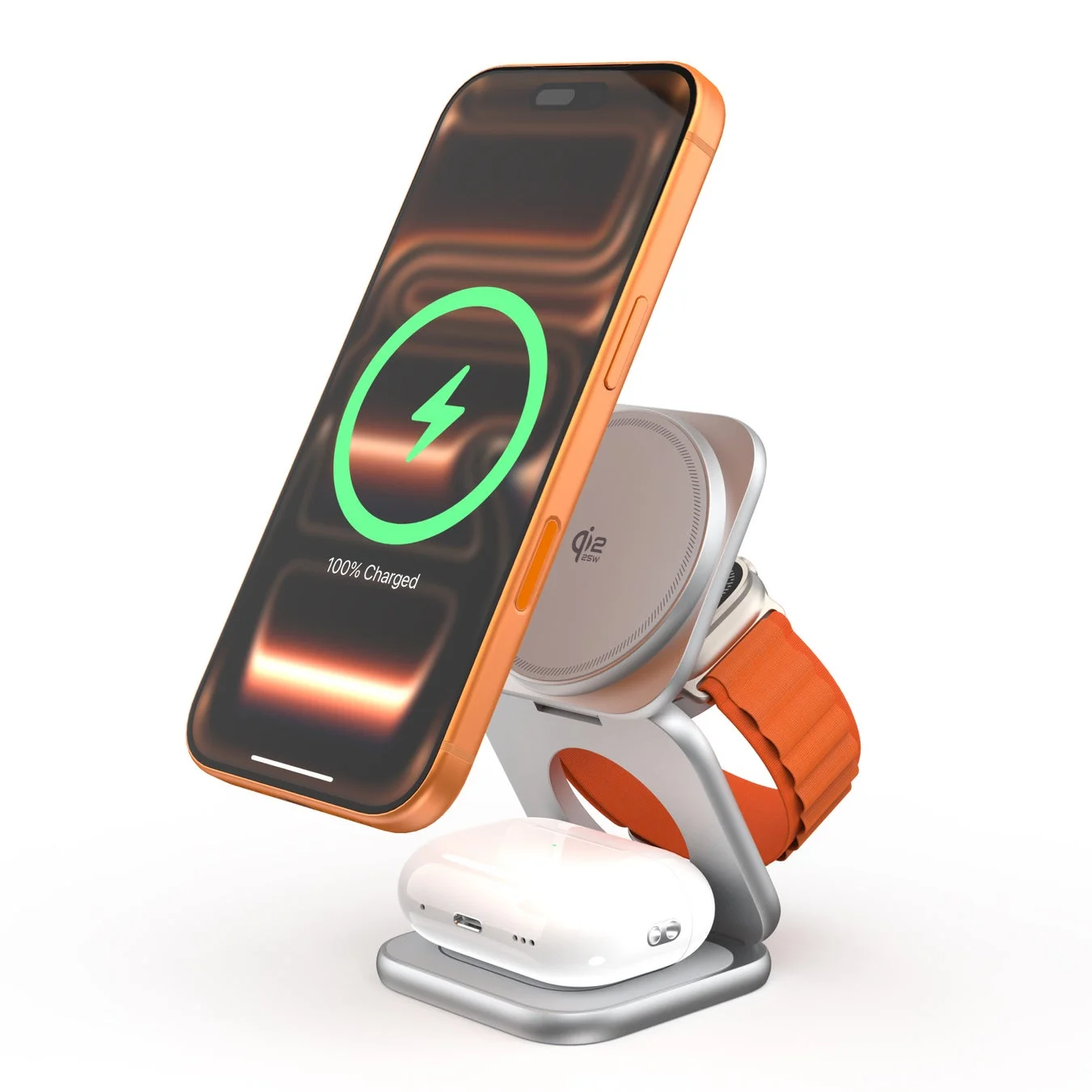 オレンジ色のスマートフォン、Apple Watch、AirPodsを同時に充電できる3in1ワイヤレス充電スタンドの画像です。