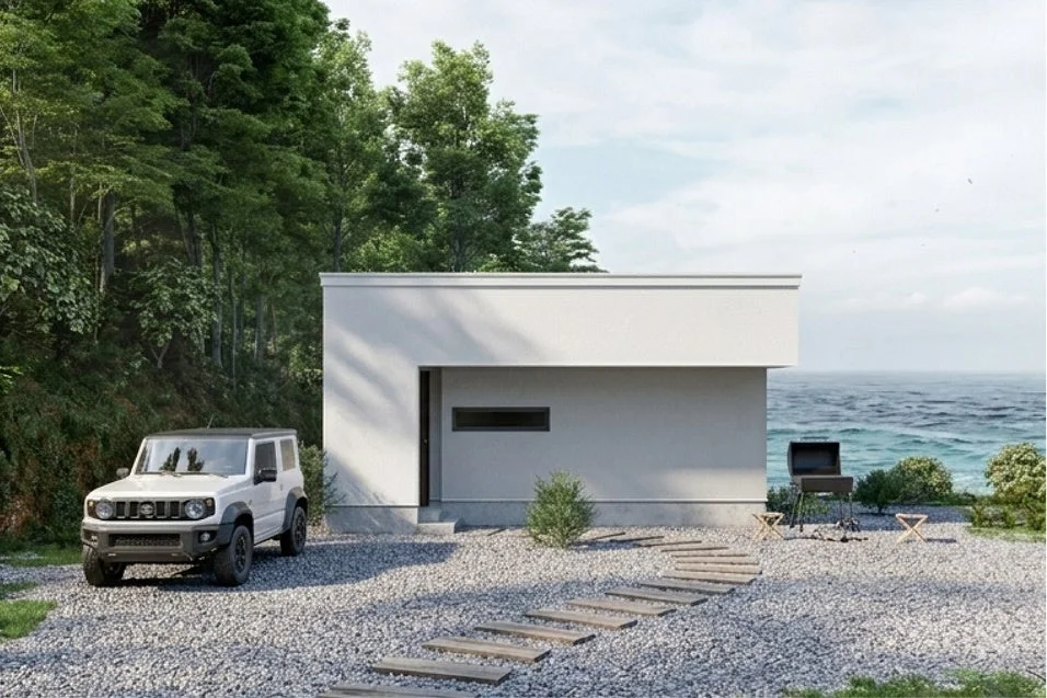 海辺に建つ白いモダンな家とスズキジムニー