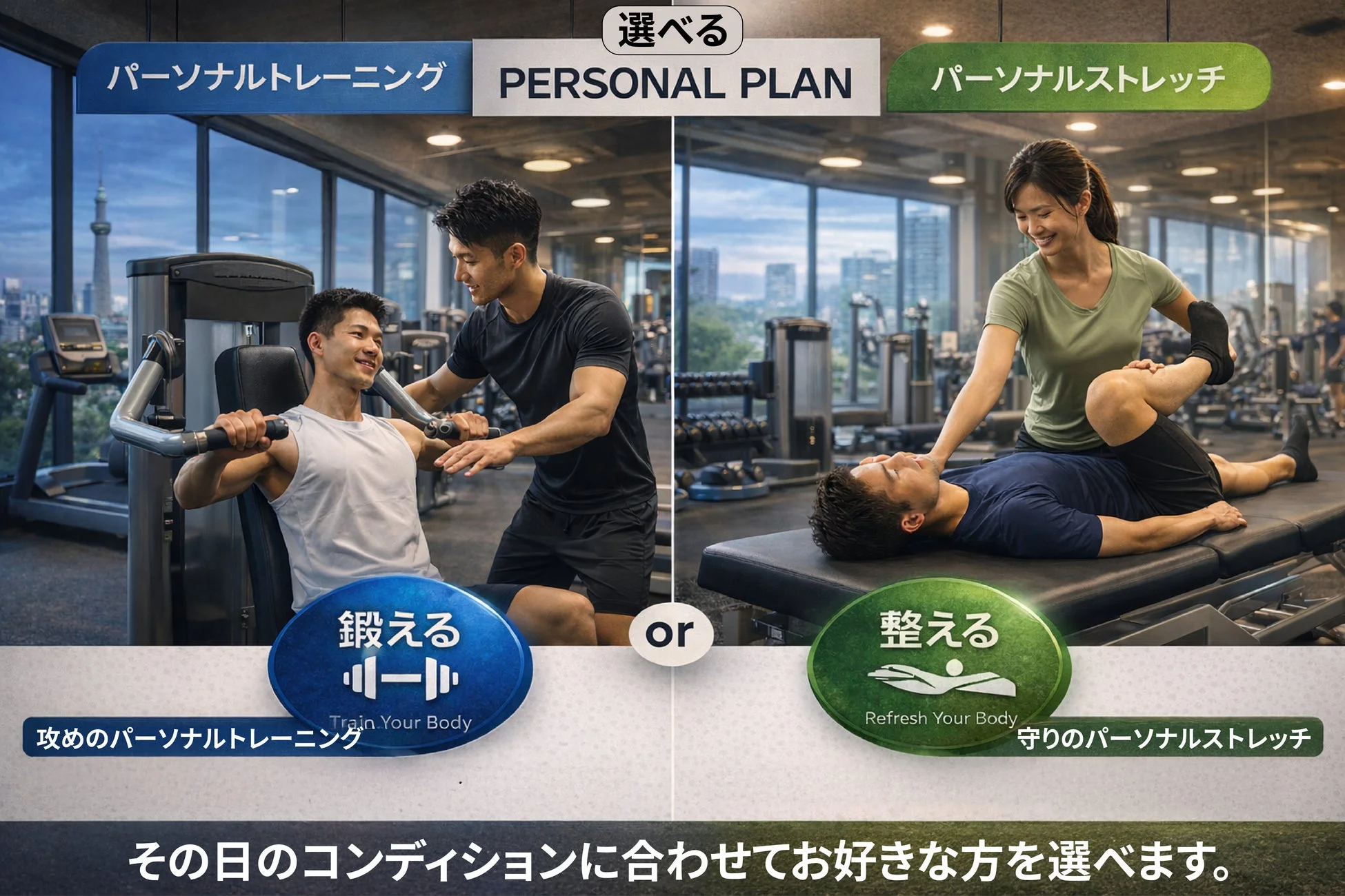 パーソナルトレーニングとパーソナルストレッチの2つのフィットネスプランを紹介する画像