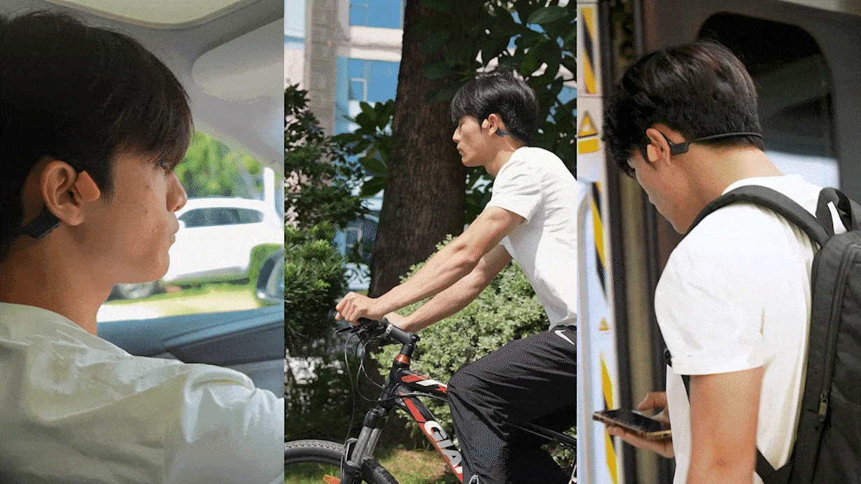 様々なシーンでイヤホンを使用する男性