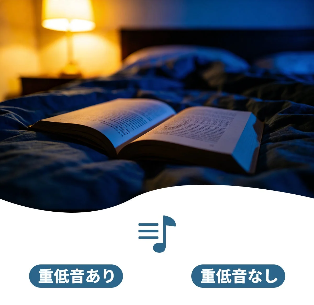 薄暗い寝室のベッドに開かれた本が置かれ、温かいランプの光がそれを照らしている。下部には「重低音あり」「重低音なし」の選択肢と音符のアイコンがある。