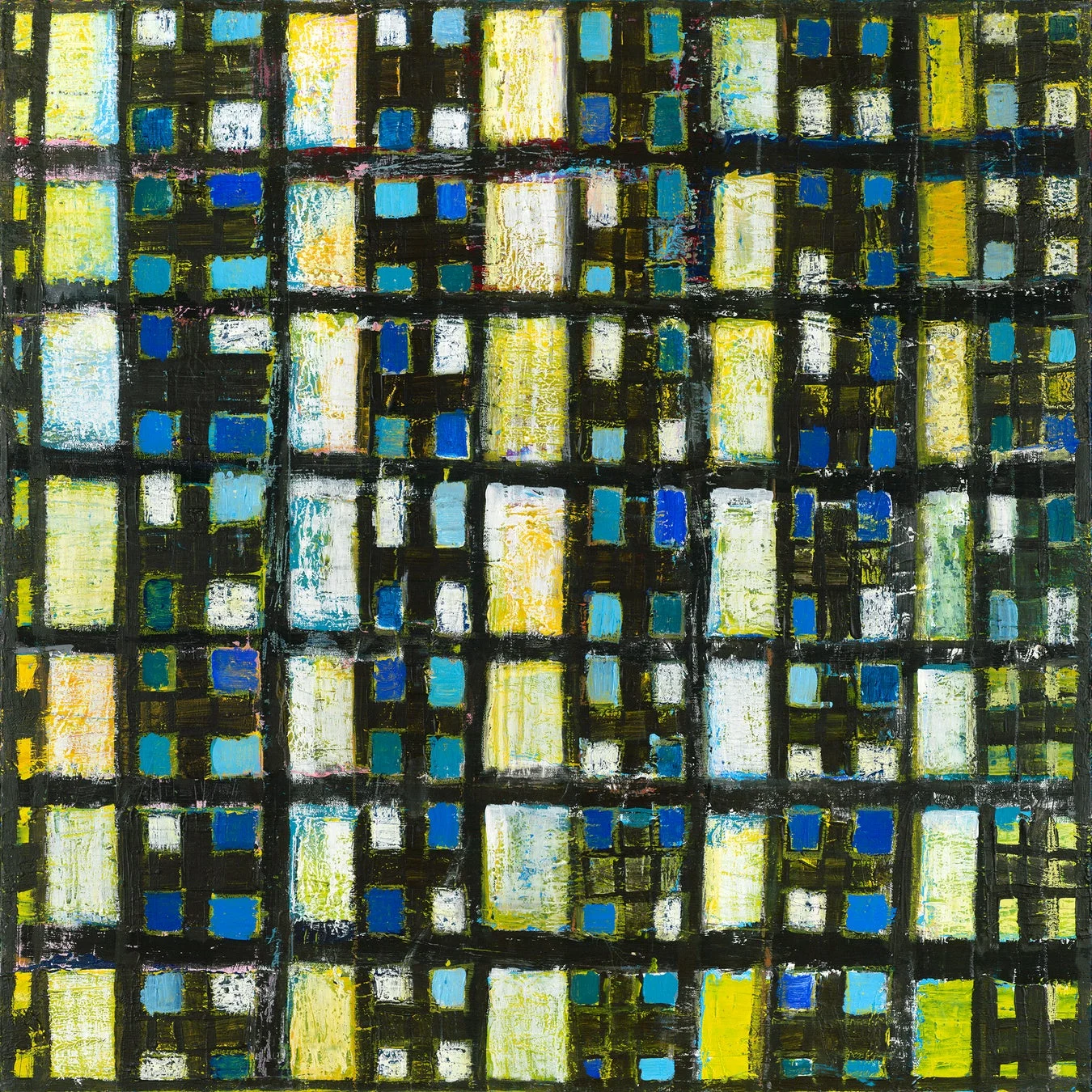 黒い背景に、黄色、白、青などの様々な色の長方形がグリッド状に配置された抽象画です。