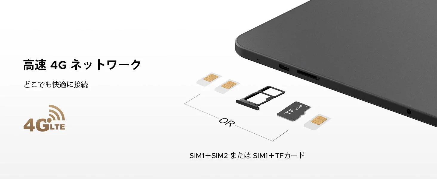 高速4Gネットワーク対応、SIMカードスロット