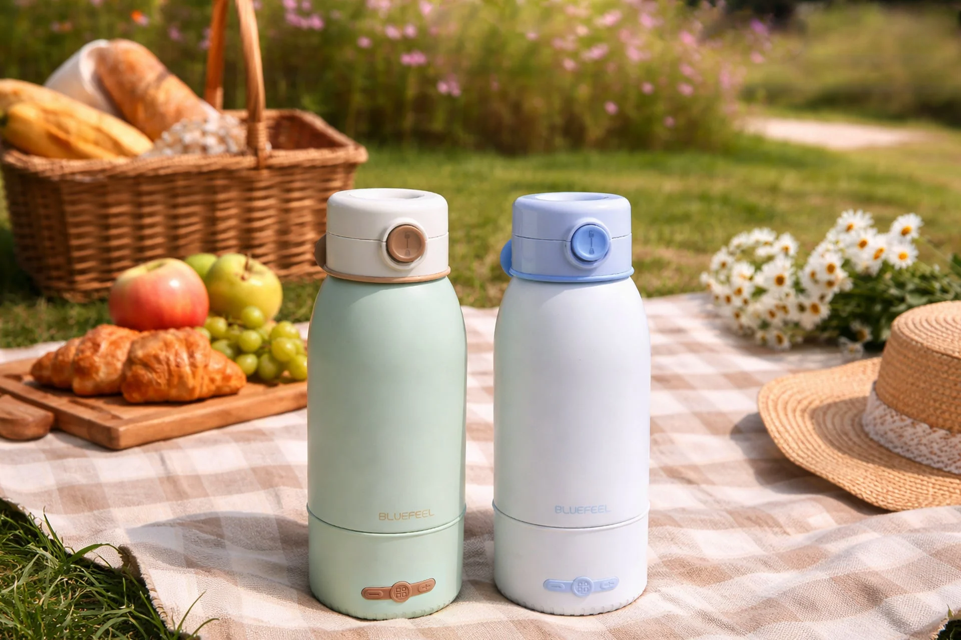 ピクニックシーンに置かれたポータブルサーモス