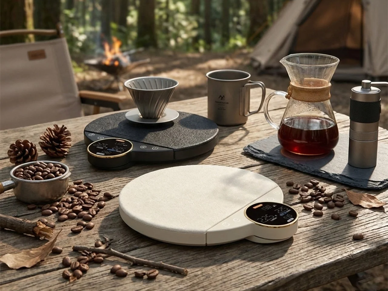 キャンプ場でドリップコーヒーを楽しむ風景