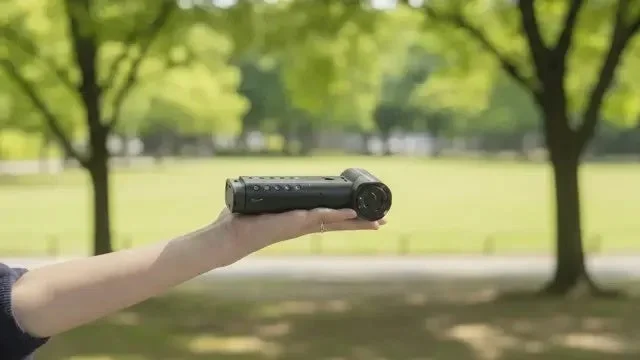 緑豊かな公園を背景に、手が小型の黒い電子機器を持っている様子