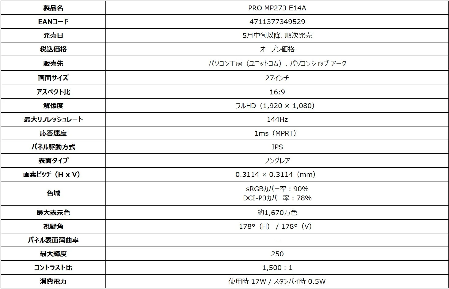 PRO MP273 E14A スペック表1