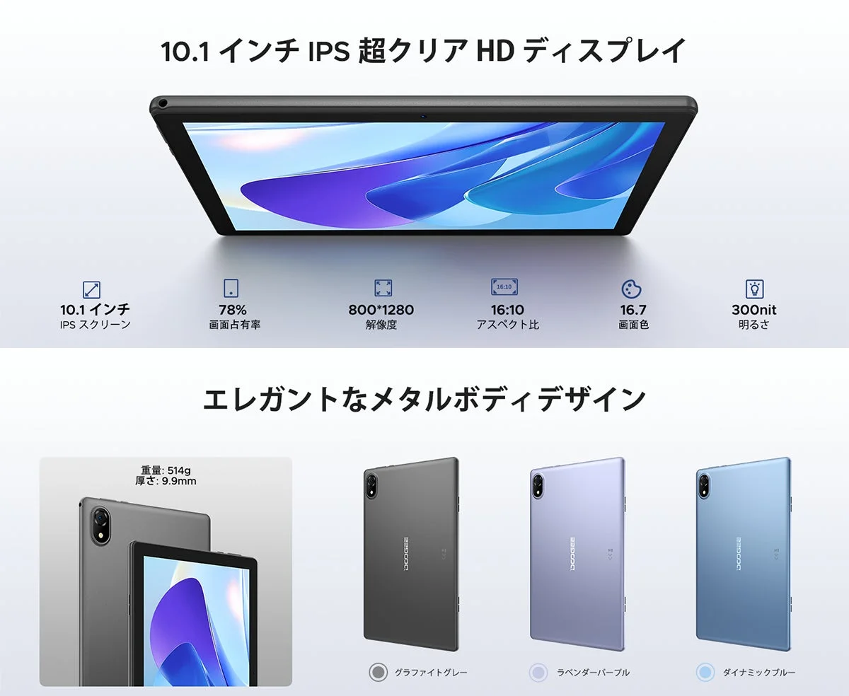 10.1インチ IPS 超クリア HD ディスプレイ