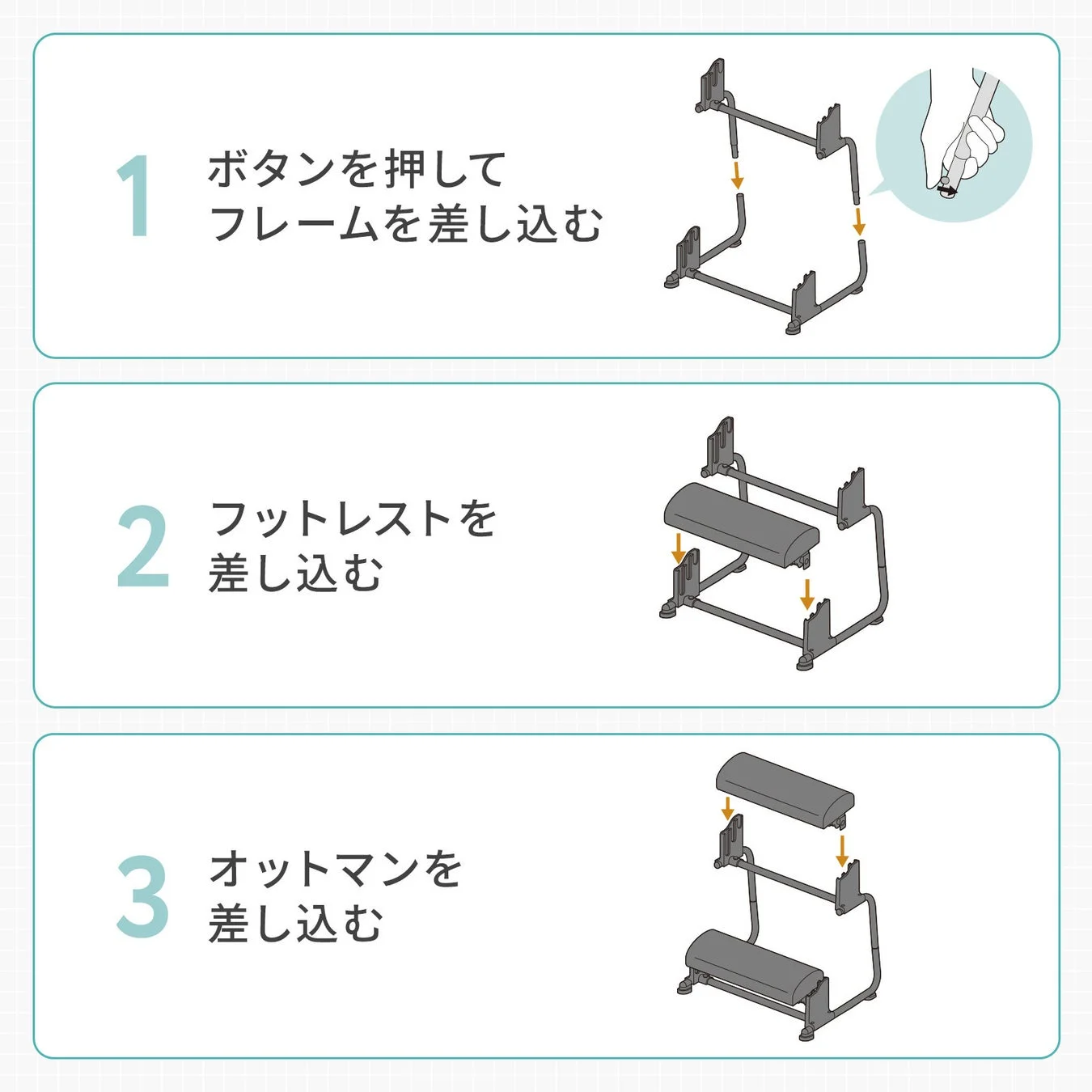 フットレストとオットマンの組み立て手順を3つのステップで説明する図解