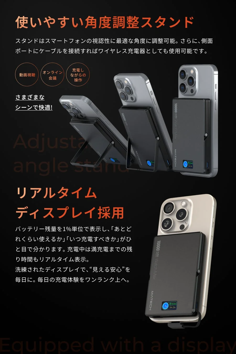 角度調整可能なスタンド機能とリアルタイムディスプレイ