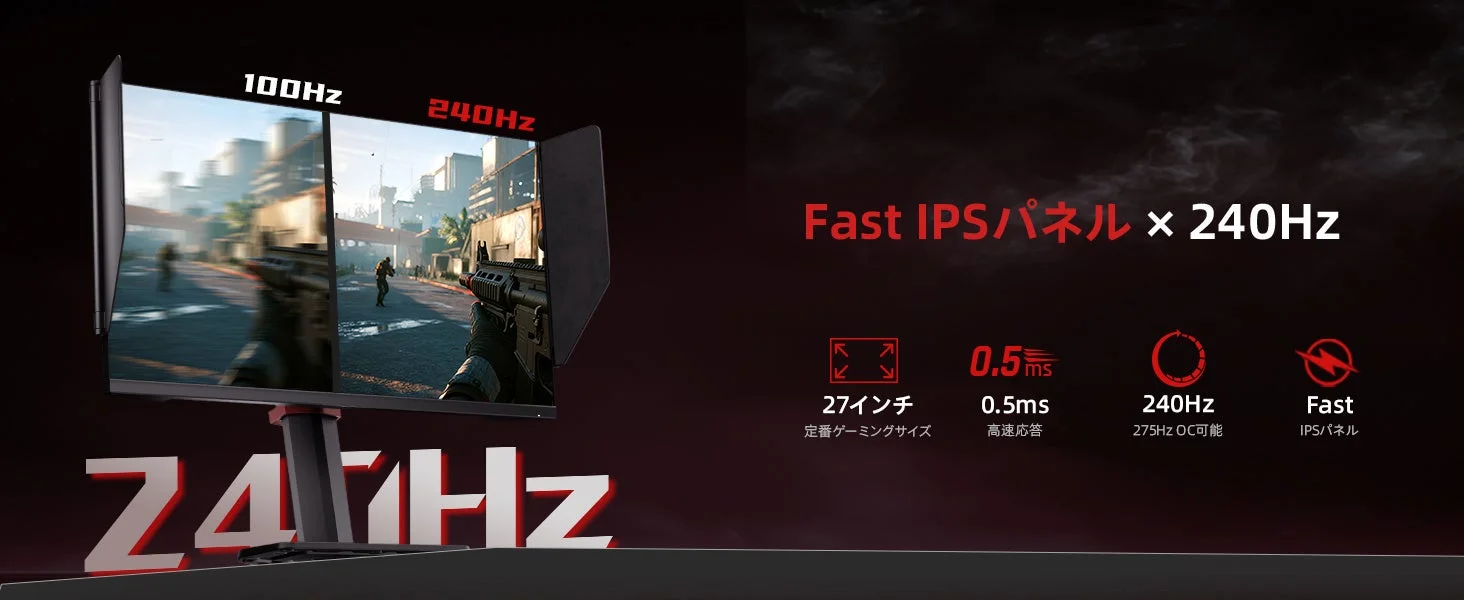 高リフレッシュレート240Hzと高速応答0.5msのFast IPSパネル