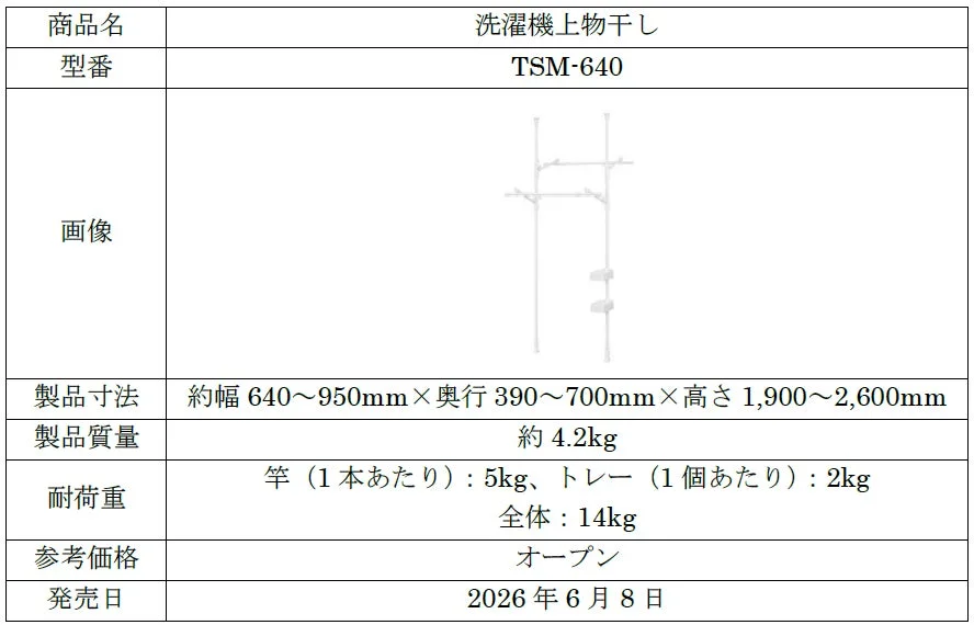 洗濯機上物干しTSM-640の製品仕様