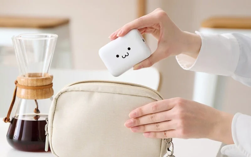 手のひらに収まるコンパクトなモバイルバッテリーがポーチに入れられようとしています。