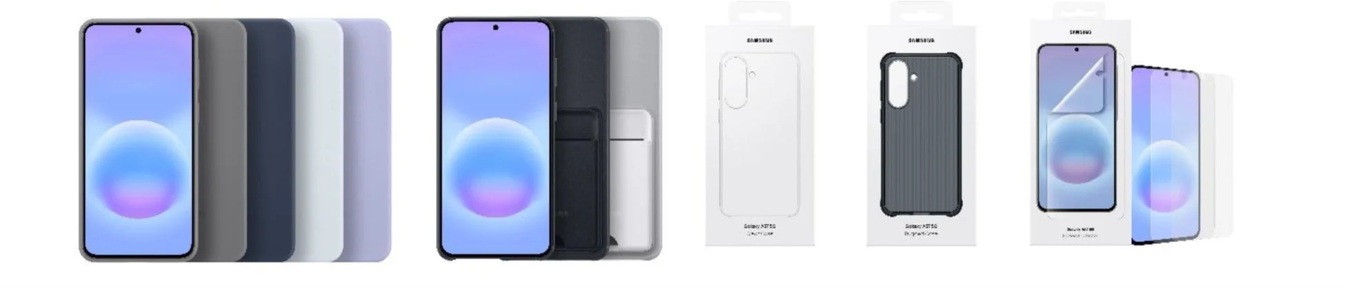 Samsung Galaxy A73 5Gスマートフォン本体と、その専用ケースやスクリーンプロテクターなどのアクセサリーが複数並べられた製品紹介画像