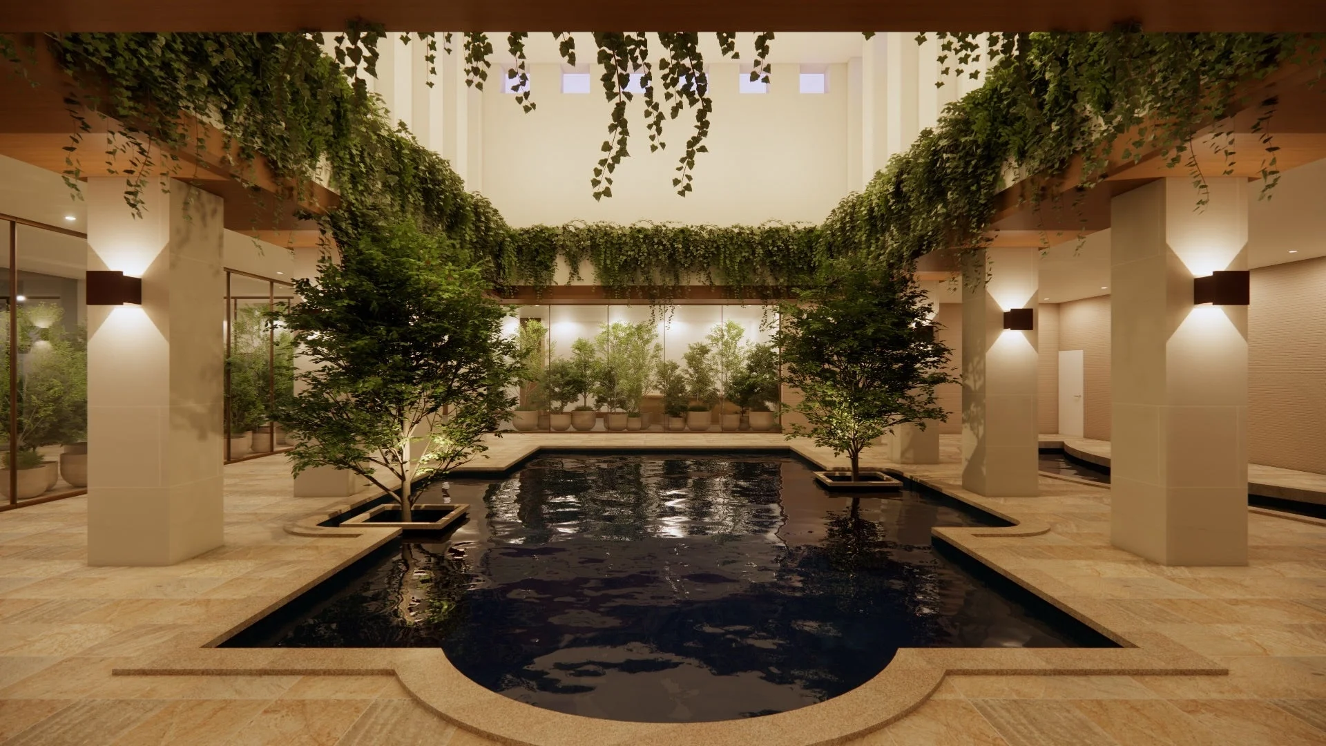 緑豊かな植物と中央のプールが特徴的な、モダンで落ち着いた雰囲気の屋内空間