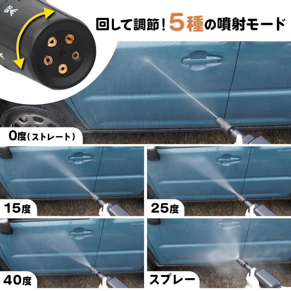 高圧洗浄機のノズルを回すことで、5種類の噴射モードに切り替えられることを示す画像