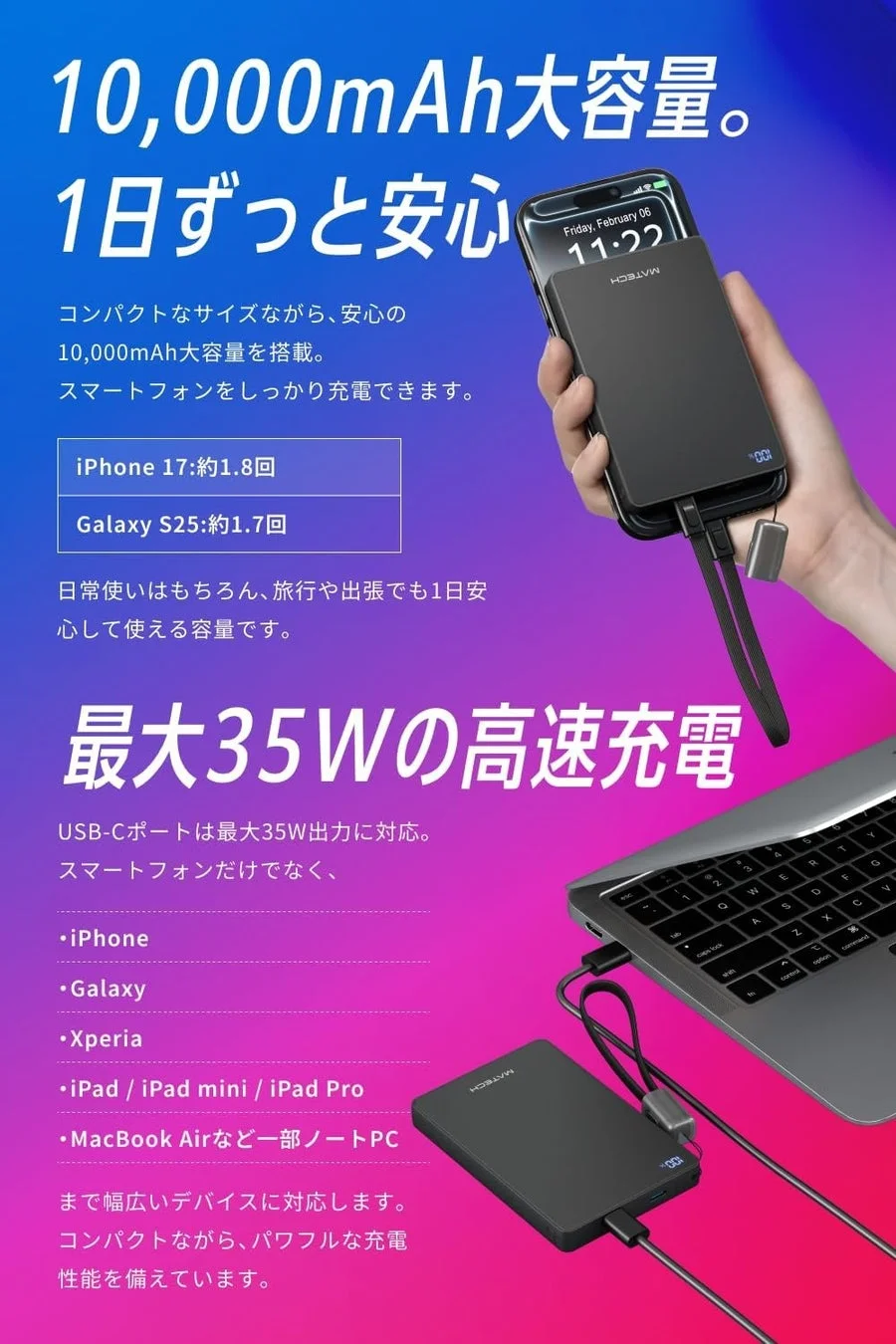 PowerSlim 10000の容量と充電可能デバイス