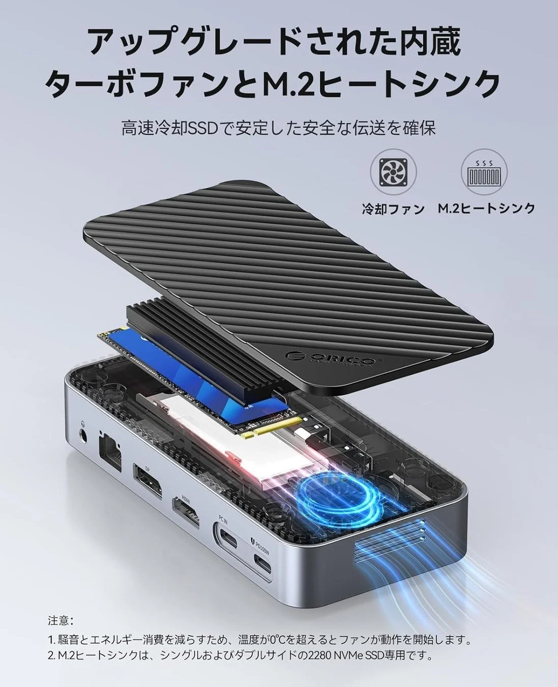 ORICOドッキングステーションの冷却ファンとヒートシンク