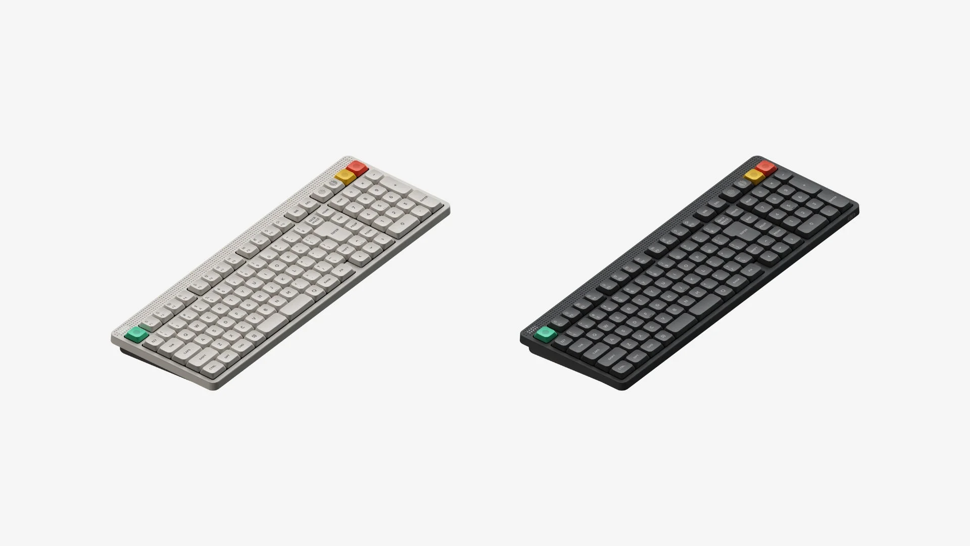 白と黒の2色のキーボードが並べられた、シンプルでモダンなデザインの画像です。