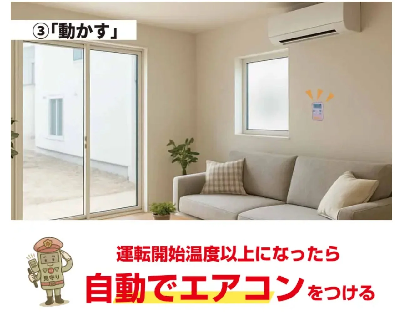 リビングに設置されたエアコンと、運転開始温度以上で自動的にエアコンが作動することを示すイラストとテキストの広告画像です。快適な室内環境の自動維持を提案しています。