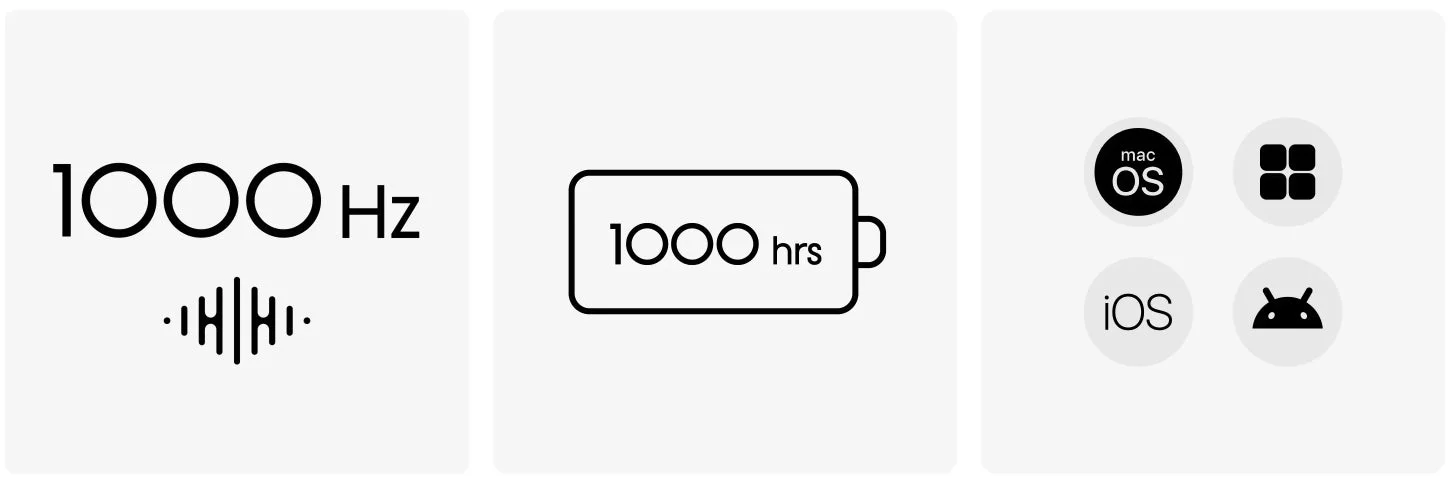 1000Hzの周波数、1000時間のバッテリー寿命、そしてMac OS、iOS、Androidを含む複数のオペレーティングシステムへの互換性を示す3つのアイコンで構成されています。