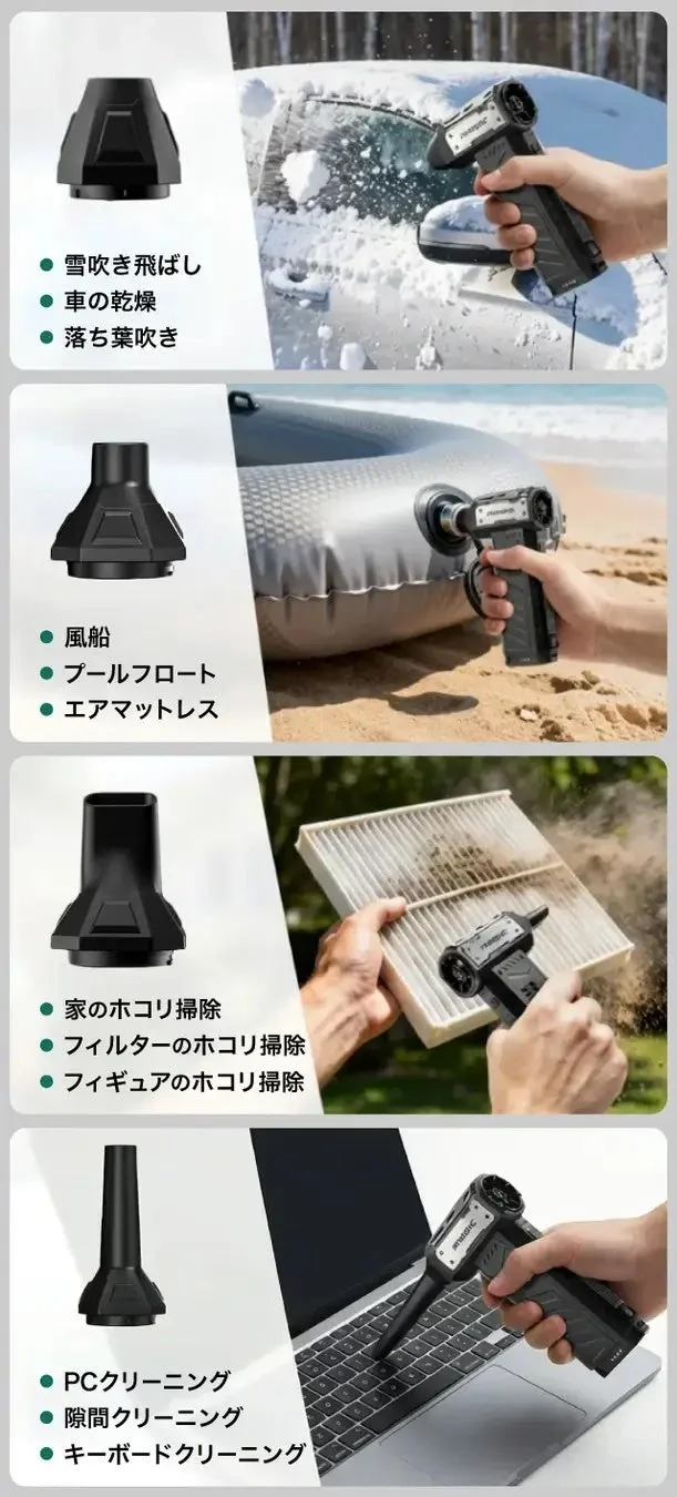 多機能な携帯用エアダスターの使用例