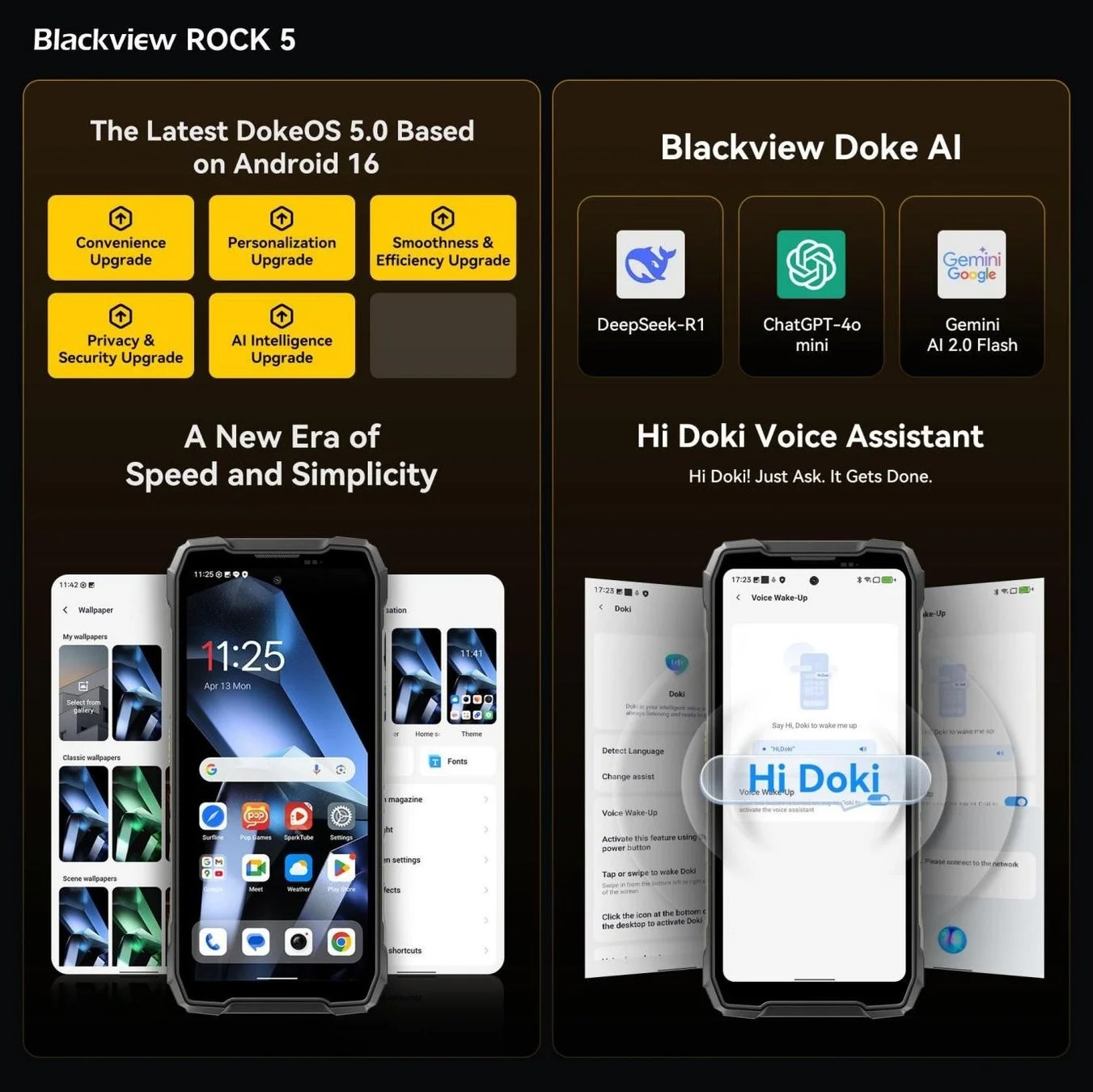 Blackview ROCK 5スマホの紹介。Android 16ベースのDokeOS 5.0と、DeepSeek-R1、ChatGPT-4o mini、Gemini AI 2.0 Flashを含むDoke AI、そして音声アシスタント「Hi Doki」の多彩なアップグレード機能を強調しています。