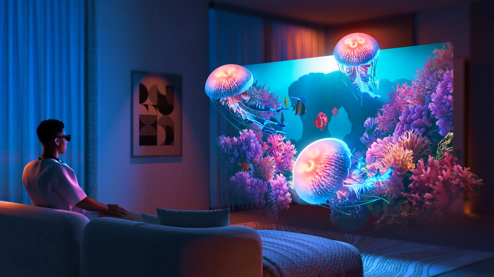 3Dの水中世界に没頭する人物