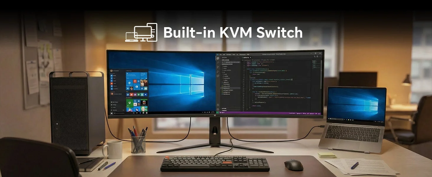 KVMスイッチ機能を紹介するオフィスデスクのセットアップ