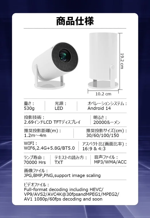 Android 14搭載のLEDプロジェクターの商品仕様。重さ530g、明るさ20000ルーメンで、WIFI6やBluetooth 5.0に対応し、多様なファイル形式をサポートするコンパクトな映像機器です。