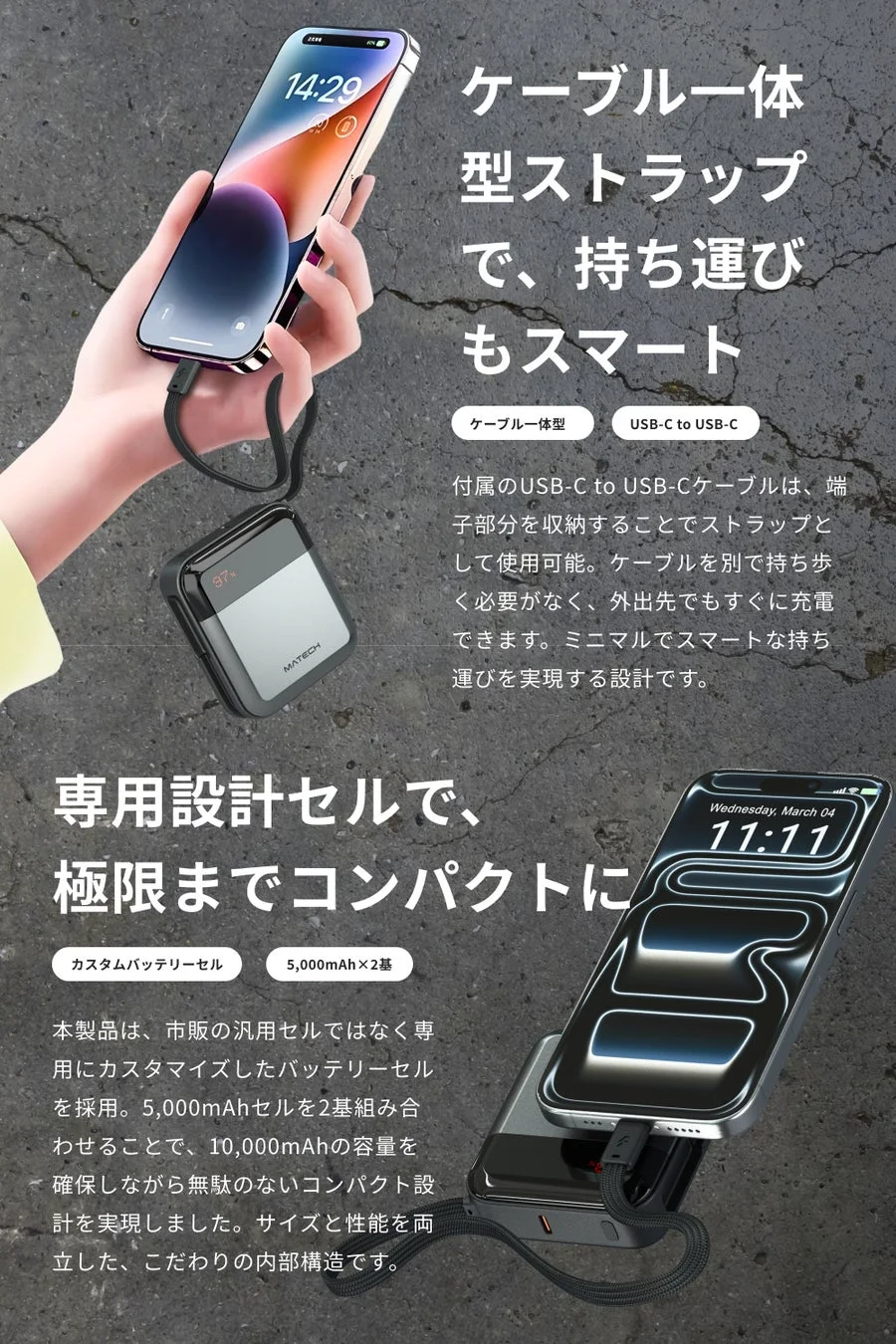 ケーブル一体型ストラップとカスタムバッテリーセル