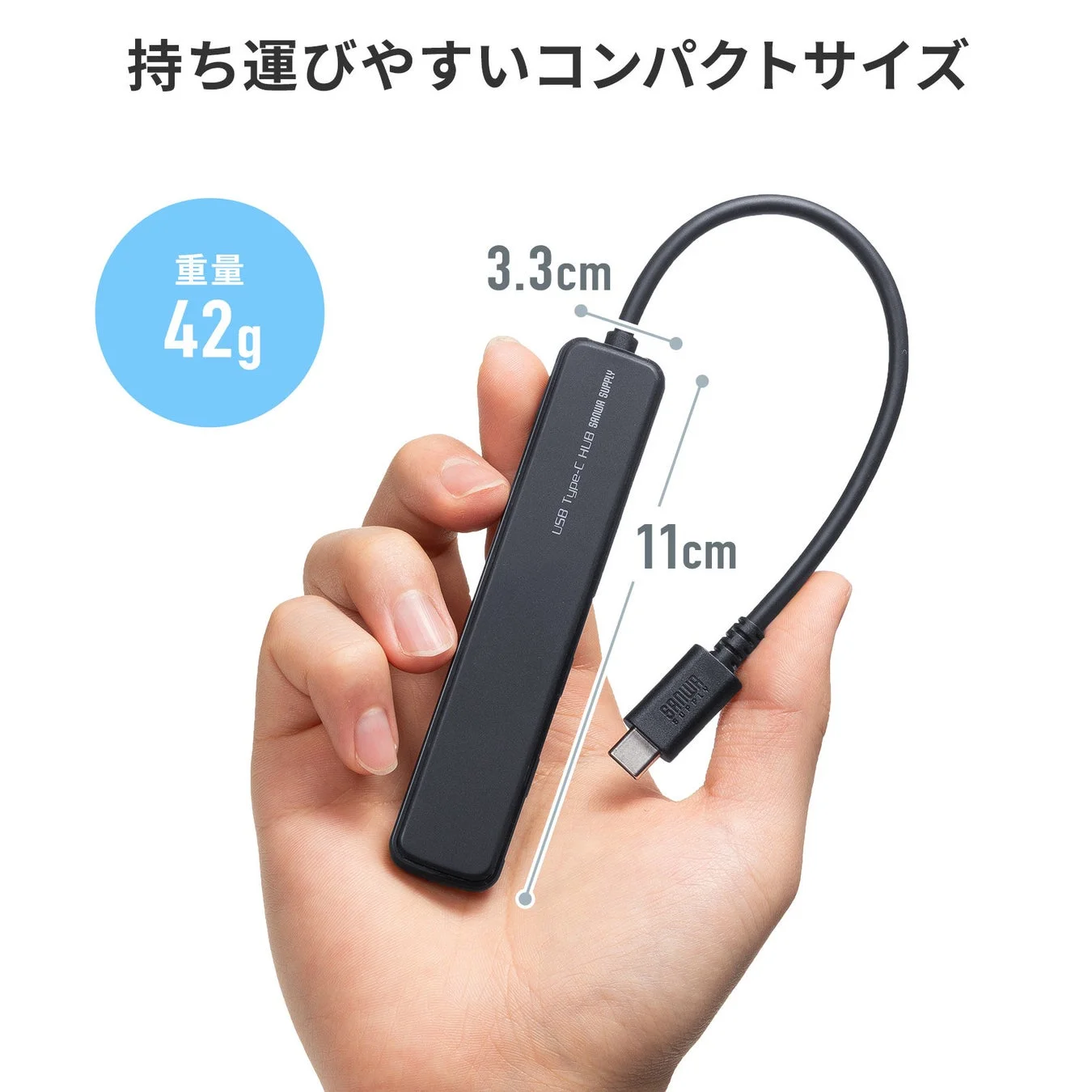 持ち運びやすいコンパクトサイズのUSB Type-Cハブを人物が手に持っている画像です。製品はサンワサプライ製で、重量42g、サイズは幅3.3cm、長さ11cmであることが示されています。