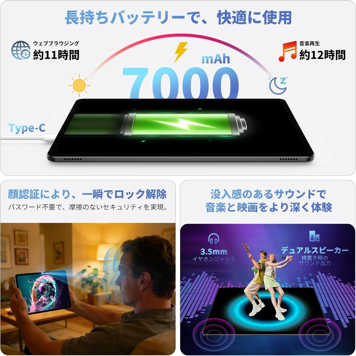 7000mAh大容量バッテリー