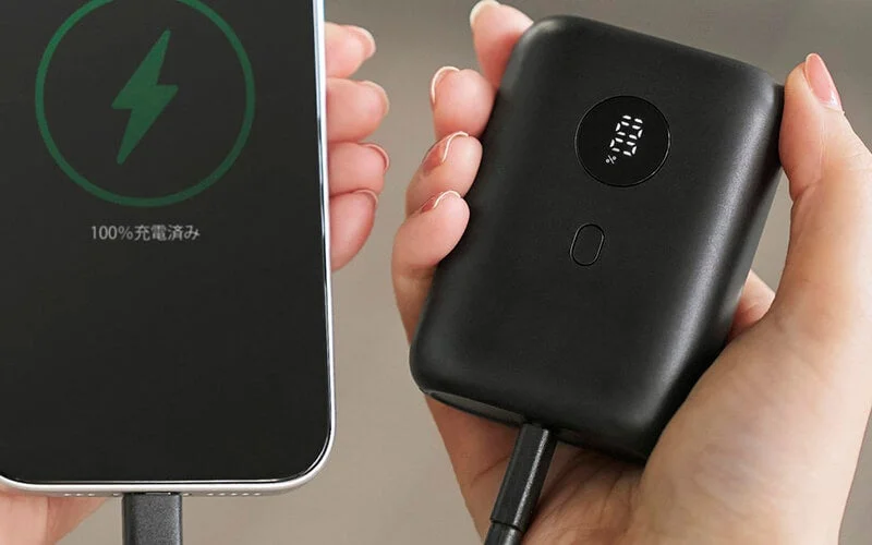 スマートフォンとモバイルバッテリーが充電されており、両デバイスともに100%の充電状態であることを示しています。