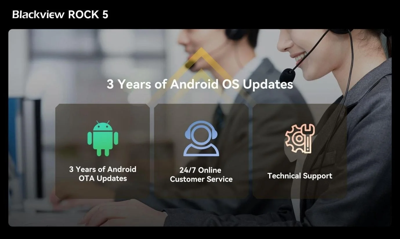 Blackview ROCK 5のサービス内容を示す画像です。3年間のAndroid OSアップデート、3年間のAndroid OTAアップデート、24時間年中無休のオンラインカスタマーサービス、テクニカルサポートが提供されることを案内しています。