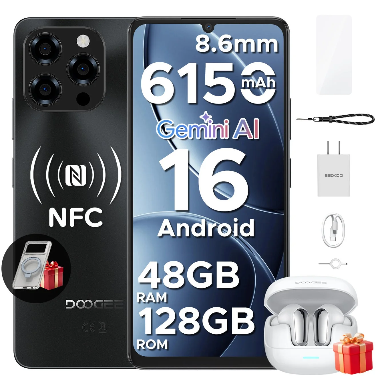 DOOGEE製スマートフォンの製品画像。8.6mmの薄型ボディに6150mAhバッテリー、Gemini AI、Android 16、48GB RAM、128GB ROMを搭載し、NFC対応。ワイヤレスイヤホンや充電器などの付属品も含まれる。