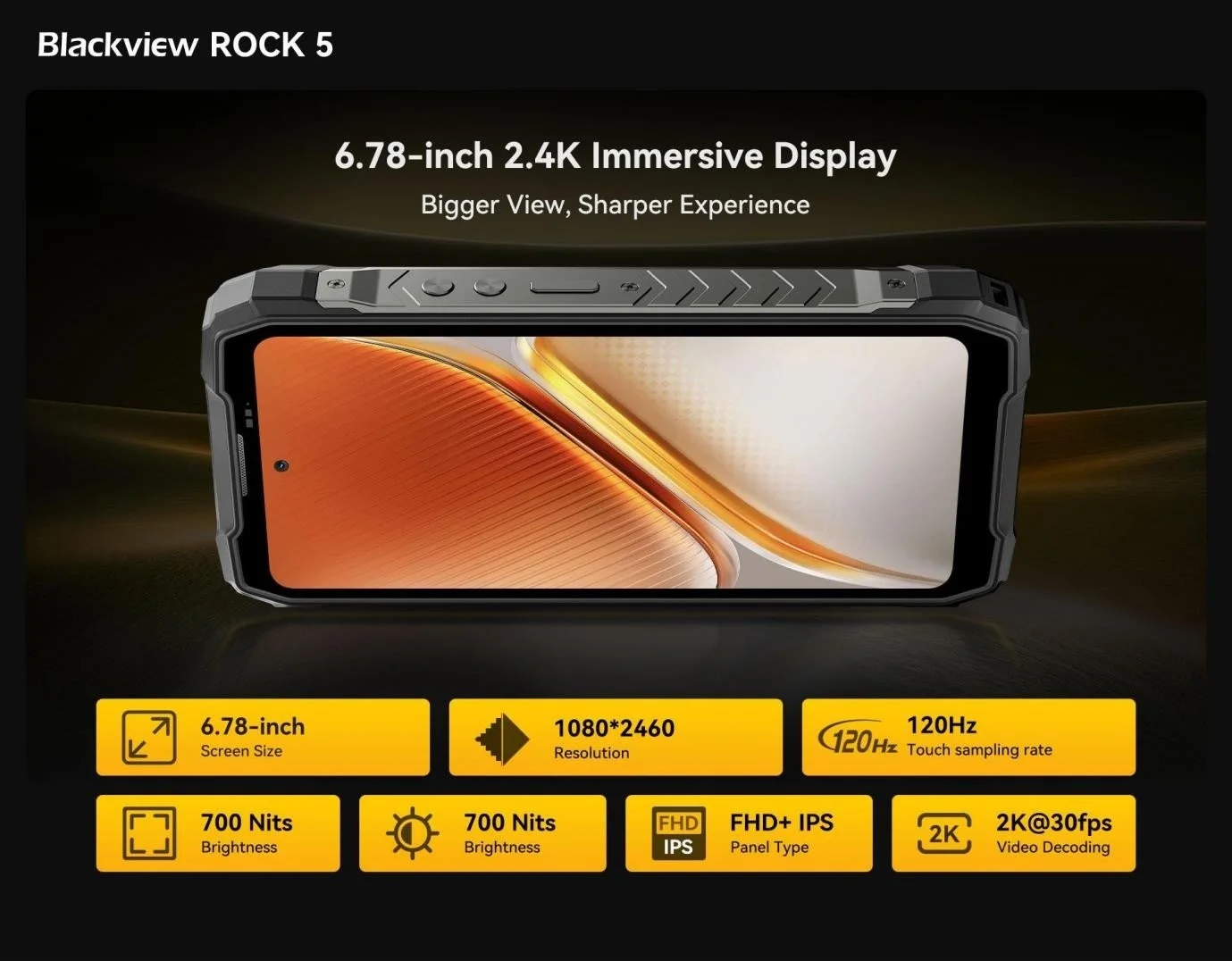 Blackview ROCK 5スマートフォンのディスプレイ機能と仕様を宣伝する画像です。