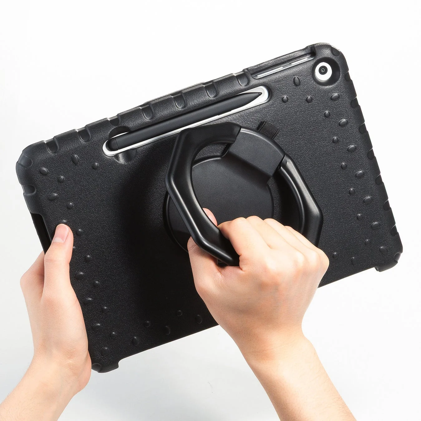 タブレットケース、ハンドストラップ、スタンド機能、スタイラスホルダー、黒、頑丈、電子機器アクセサリー、保護カバー、片手操作